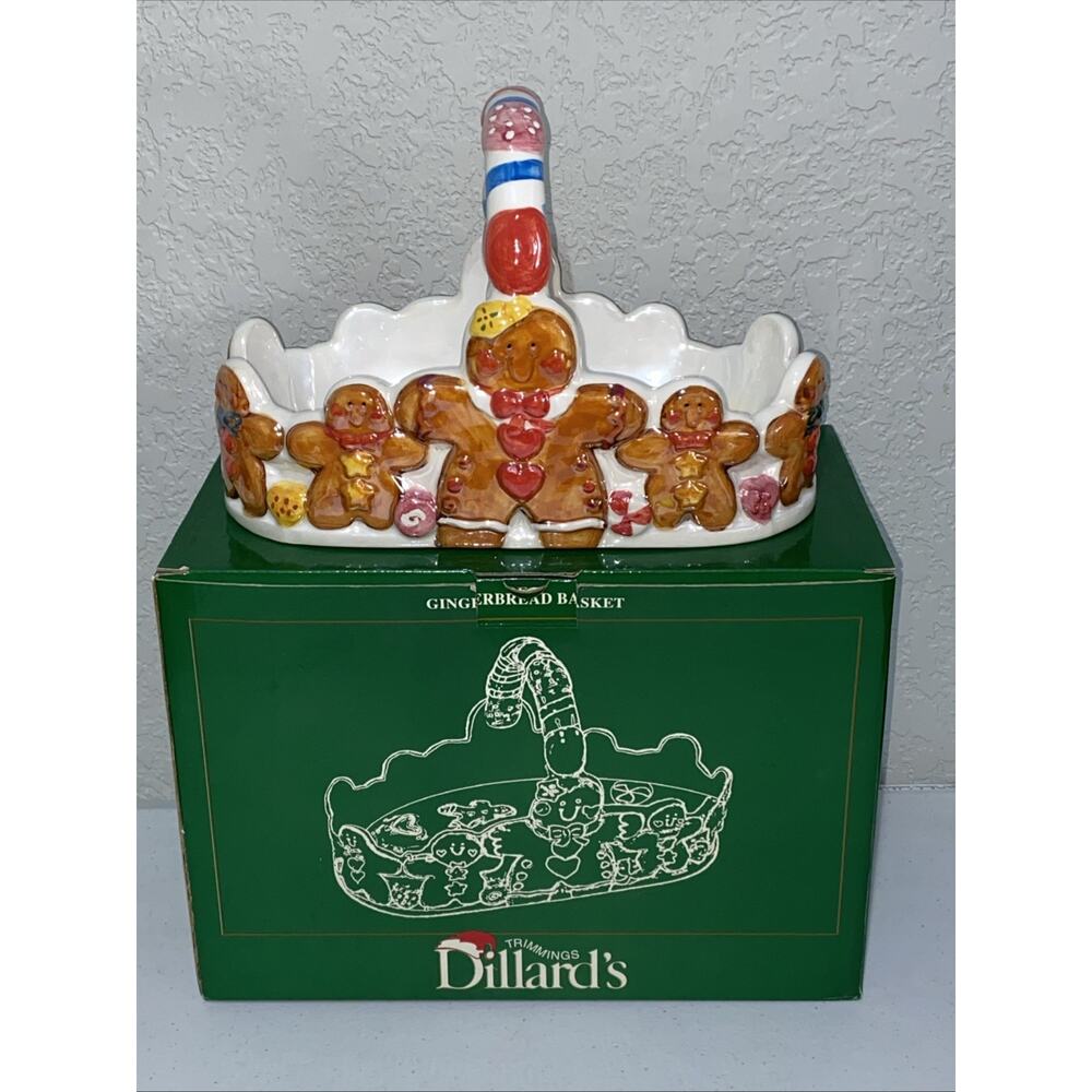 Large VTG Ceramic Hand Painted‎ Christmas Gingerbread Basket Dillard's Box NEW